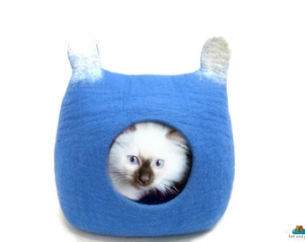Grotte carrée bleue en feutre avec oreilles pour chat - Lit douillet pour animal de compagnie - Grotte pour chats acceptant les animaux de compagnie - Meubles faits main pour animal de compagnie - Cadeau