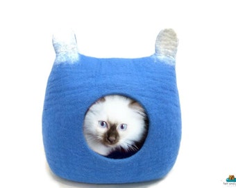 Blue Square Felt Cat Cave With Ear - Cozy Bed For Pet -  Handmade Pet Furniture