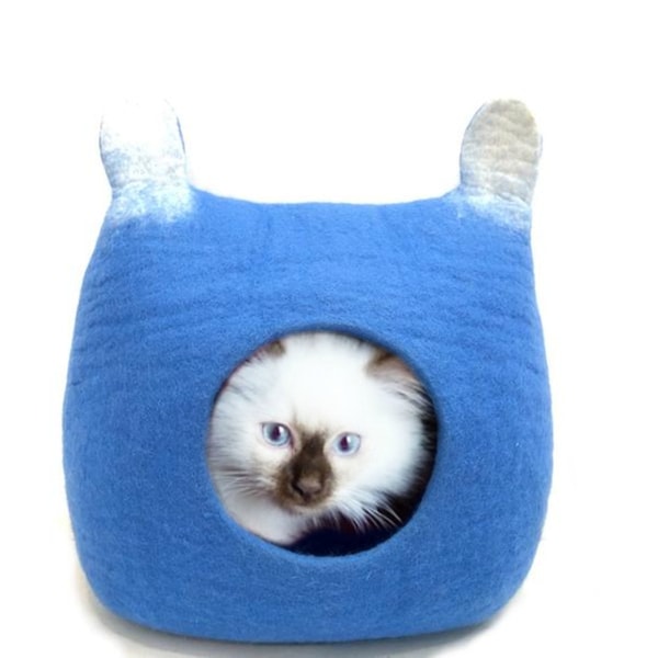 Felt Blue Square Cat Cave With Ear - Cozy Bed For Pet - Pet-Friendly Cat Cave - Handmade Pet Furniture - Gift