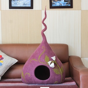 Luxurious Felt Purple Cat Cave - Premium Wool Cat Cave - Cat Cave With Vines Design - Cozy Felt Cat Bed, Vessel, House - Gift For Pet Friend