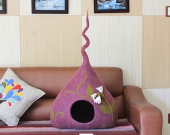 Luxurious Felt Purple Cat Cave - Premium Wool Cat Cave - Cat Cave With Vines Design - Cozy Felt Cat Bed, Vessel, House - Gift For Pet Friend