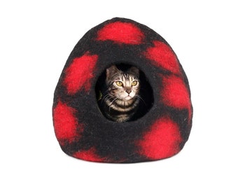 Schwarz mit Roten Punkten Katzenhöhle Bett - Polka Dot Wollkokon - Kitty Wärmer - Kitty Nest - Katzen Wollhaus