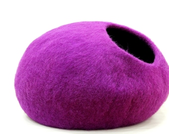 Grotte pour chat en laine feutrée faite main - Lit pour chat violet moelleux