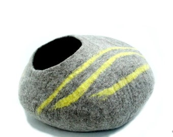 Felt Cat Cave – Gray Wool Basket with Yellow Stripes