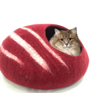 Maroon Felt Cat Cave With White Stripes - Handmade Wool Cat Bed - Non-Toxic, Non Allergic Pet Bed - Pet furniture