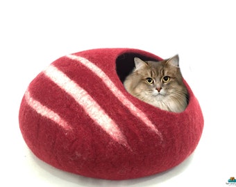 Handmade Maroon Wool Cat Cave – Striped Felt Cat Bed