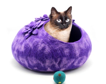 Meubles pour animaux de compagnie - Cocon floral pour sieste pour chat - Cadeau pour animal de compagnie - Lit douillet pour chat 100 % pure laine