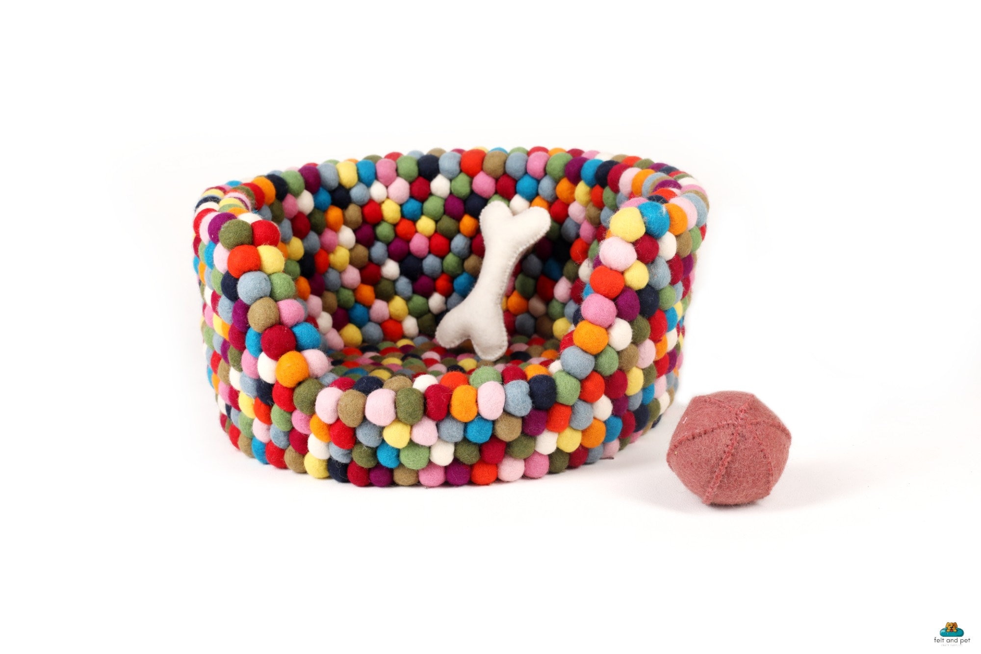 Filzball-Hundebett Aus Wolle – Regenbogenfarben, 63,5x45,7 Cm, Nachhaltig Handgefertigt