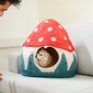 Mushroom Felt Cat Cave -  Handmade Modern Pet Bedding- Wool Pet Bed - Free Shipping