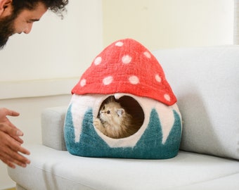 Mushroom Felt Cat Cave -  Handmade Modern Pet Bedding- Wool Pet Bed - Free Shipping