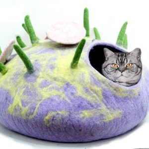 Purple Fairy Toadstool Wool Cat Cave - Handmade Wool Felted Kitty House - Pet Bed - Gifts - Felt Cat Pod - Kitten Basket