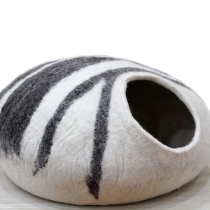 White with Grey Stripe Wool Cat Bed - Handmade Felt Cat Cave - Nap Cocoon For Your Pet- Buy Now