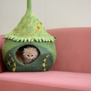 wool-felt-green-cat-house, 
felt cat caves, cat-cave-on-sale, peekaboo cat cave, cat cave bed, cat cave, cat cocoon, cat cave co, wool cat bed, felt cat bed, felted wool cat cave, cat caves for sale, extra large cat-caves, wooly cat caves, etsy cat