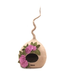 Beige Wool Pod Cat Cave - Felt Flower Cat Cave - Wool Pet Bed - Pet Furniture - Personalized by Name - Handmade in Nepal