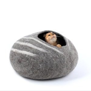 Felt Cat Cave -Felt Grey with white stripe Cat Bed - Kitty  Bed -  Felted Pet Furniture - Woolen Kitty House - Pet Lover&#39;s Gift