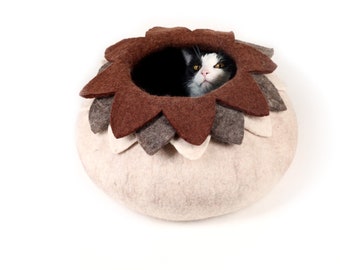 Floral Cat Cave- Cat Bed- Pet Bed- Cat House - Felt Cozy  Cat Cave - Cat Bed - Cat Lover Gift- Wool cave - Soft and Durable- From Nepal