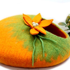 Woolen Orange Cat Cave- Felt Pet Bed -  Hand Felted Wool Bed - Handmade Pet Furniture