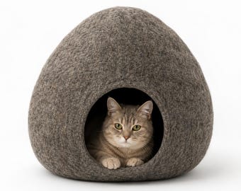 Handmade Felt Cat Cave – Modern Pet Bed, Kitty Nap Cocoon