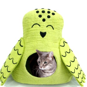 Felt Owl Cat House - Artificial Wool Cave - Handmade Wool Furniture -  Kitty Warmer - Indoor Animal Cave