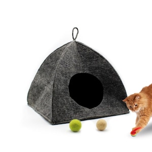 Dark Grey Tent Felt Cat Cave - Felted Pet Bed for Your Cat - Handmade in Nepal - Modern Pet Furniture