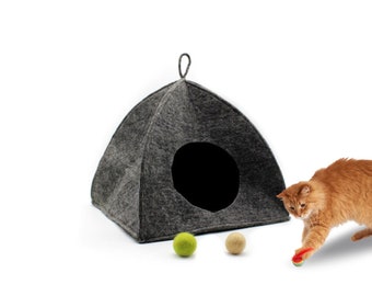 Tente des grottes en feutre gris foncé pour chats - Lit pour animal de compagnie en feutre pour votre chat - Fait main au Népal