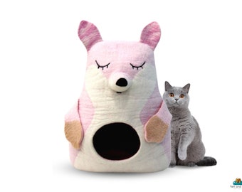 Pink Fox Felted Cat Cave | Natural Wool Pet Bed (45cm)