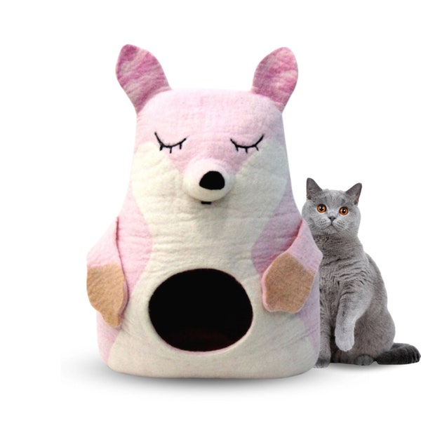Felted Cat house Pink Fox - Animal Pet Bed - Felt Cat Cave - Small Dog Bed - Wool Pet Cave - Kitty Nest - Kitty Basket