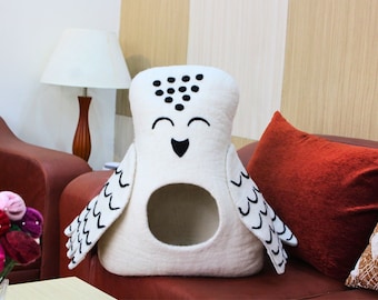 Owl Wool Cat Cave - Indoor Cave - Dome Kitty Bed - Washable Puppy House - Soft & Cozy Pet Bed