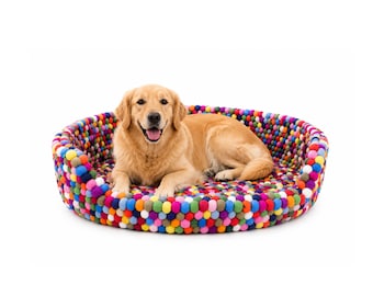 Large Felt Ball Dog Basket - Cozy Felt Dog Bed - Modern Pet Bed - Premium Multi-color  Couch - Warm Pet Furniture