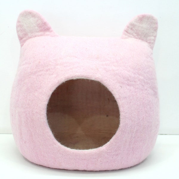 Wool Felt Cat Cave - Pink Square Cat Cave With Ear - Handmade Felt Cat Cave - Pet-Friendly Cat Cave - Gift