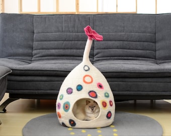 Felt Cat Cave - White Tear Drop with Dot - Pet Furniture - Cat Nap Cocoon-  Eco Friendly Pet Bed