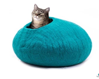 Felt Blue Cat Cave - Cadeaux ronds cocon de sieste de chat pour animaux de compagnie - Du Népal