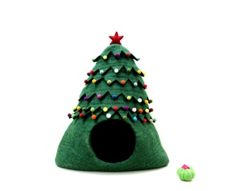 Sapin de Noël fait main - Grotte pour chats au design moderne - Cadeau pour amoureux des chats - Charmant lit pour animal de compagnie - Cadeau de Noël pour votre chat