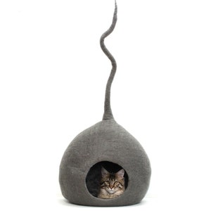 Felted Cat House - Designer Cat Cave - Felt Gray Wool Cat Cave - Natural Wool Pet Furniture - Cozy Bed - Soft And Durable