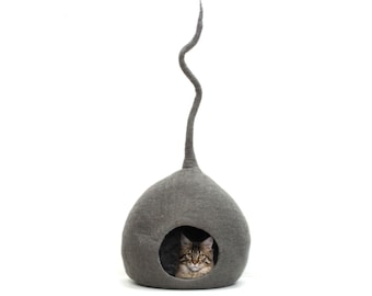 Felted Cat House - Designer Cat Cave - Felt Gray Wool Cat Cave - Natural Wool Pet Furniture - Cozy Bed - Soft And Durable