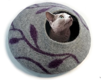 Hand-Felted Wool Cat Cave | Leaf Print Cat Cocoon