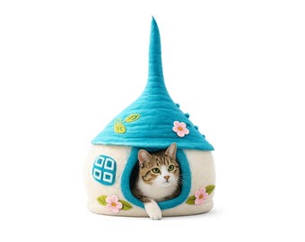 Mosswood Cottage Cat Cave – Handmade Felt Cat Cave, Made in Nepal with 100% New Zealand Wool Enchanted Mushroom Cat House Bed.