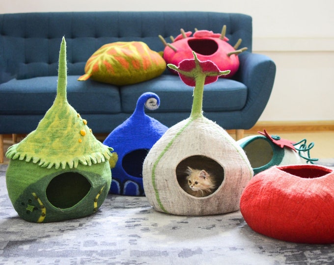 Premium Wool Felted Cat Cave  - Modern Cat Cave Bed- Non-toxic, Non-allergic, Free From Harmful Chemicals -Choose Your Own