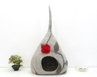 Felted Wool Cat Cave – Designer Pet Bed with Flower Detail