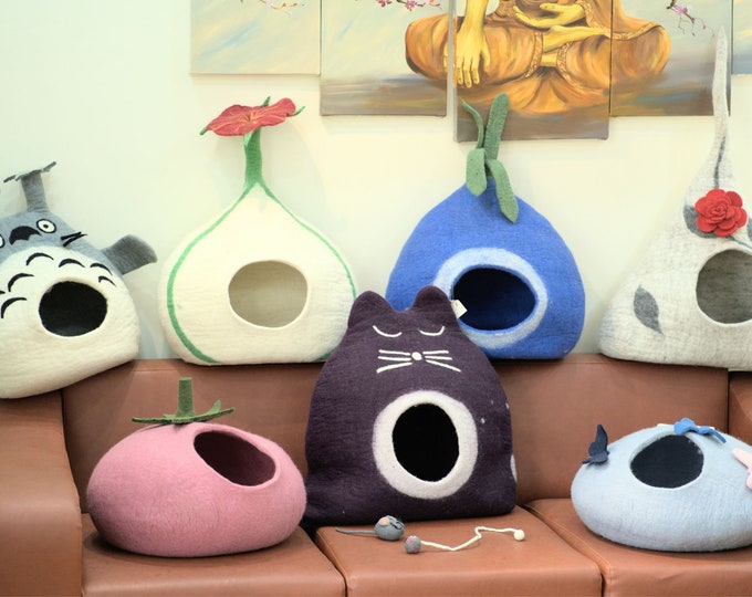 Eco-Friendly Felt Cat House - Unique, Stylish And Hypoallergenic - Designer Wool Felt Cat Bed - Choose Your Own