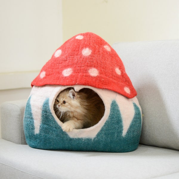 Felt Mushroom Cat Cave -  Modern Pet Bedding- Wool Cat Bed - Handmade Cat Cave - Free Shipping