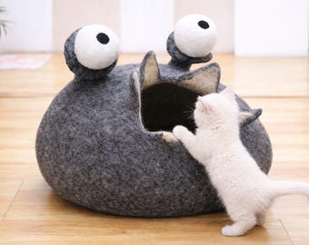 Casa para gatos de lana con diseño de caracol gris oscuro - Cueva grande para gatos, única y ecológica - Cama suave y acogedora - Ideas de regalo para amantes de las mascotas