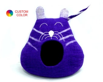 Soft & Cozy Felt Purple Cat Cave - Wool Cat Bed - Felted Wool Cat Furniture, Cat House - Kitty Warmer - Eco-friendly Cave