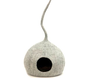 Felted Gray Cat House with Tail Topper - Wool Felt Cat Cocoon From Nepal