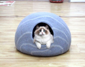 Handmade Cat House - Felt Cat Cave With Wavy Stripes Design - Cozy Hideaway - Ideal Gift  - Unique Round Pet Bed