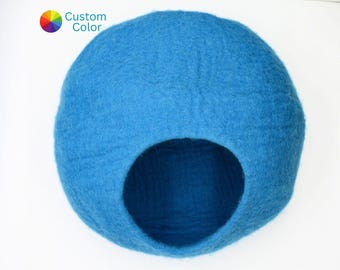 Handmade Blue Wool Cat House- Felt Cat Bed- Pet Furniture Made Using 100% Pure Wool- Customizable In In Variety Of Colors