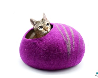 Grotte pour chat violet feutrée - Lit pour chat en laine à rayures brunes
