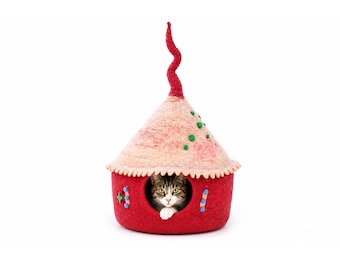 Cama para gatos de fieltro con diseño de lana pura / Cueva para gatos de lana natural hecha a mano para la seguridad de su mascota / Cama cómoda y cálida para mascotas