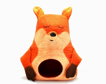 Handmade Wool Felt Cat Cave – Sleepy Fox Design, Large Cat Bed