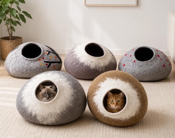 Round Design Handmade Cat Caves - Wool Cat House Made Using Pure Wool - Soft, Cozy And Comfortable Cats bed - Pet Furniture